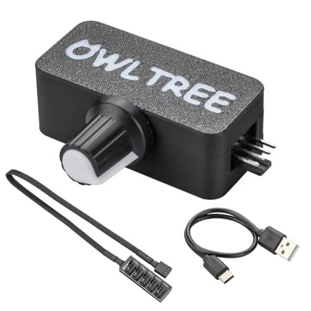 OWLTREE 4-pin 12V PWM fan controller with split fan cables and USB-C charging lead