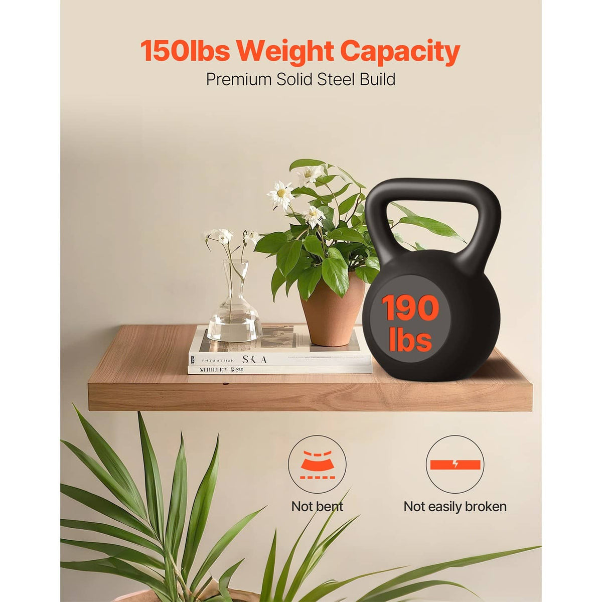 Floating shelf bracket on a wood shelf with kettle weight illustration