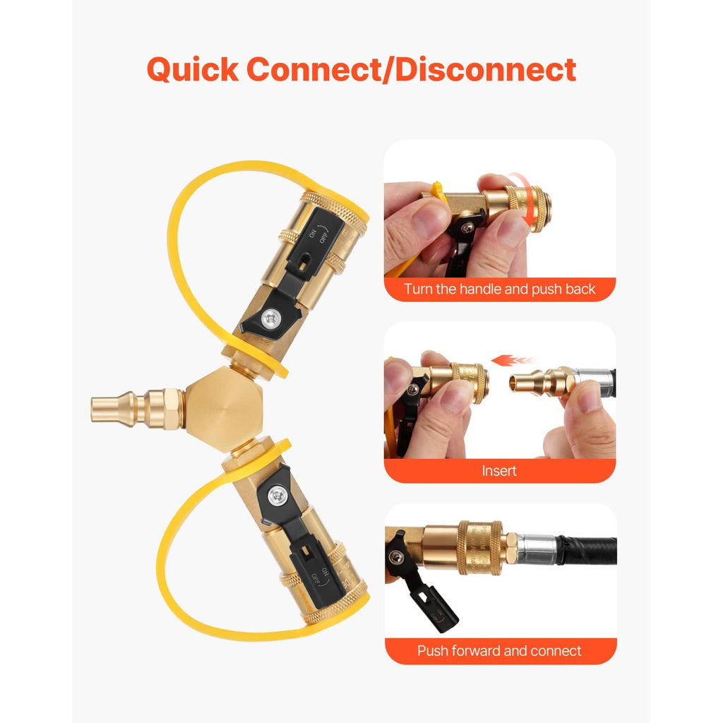 Brass propane splitter adapter with quick-connect handles, outlet fittings, and hoses