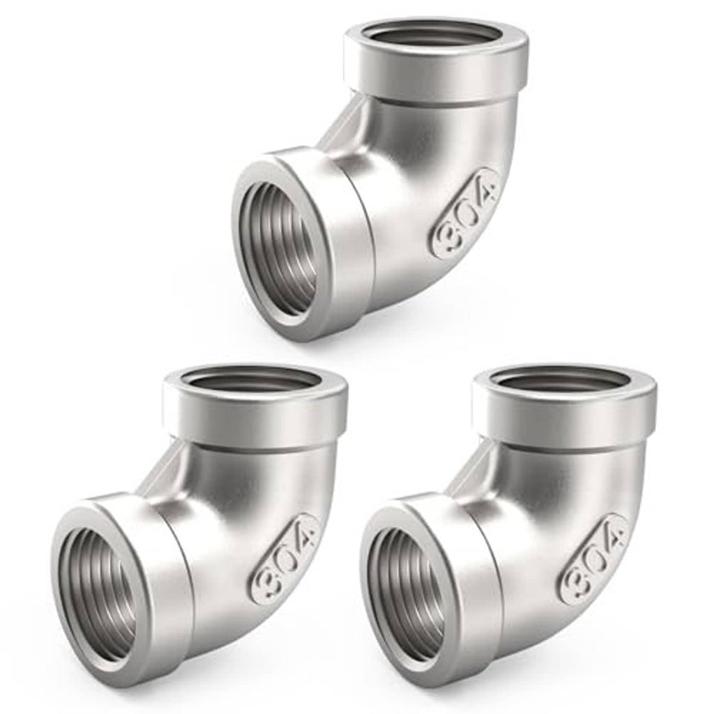 Three 304 stainless 90-degree elbow pipe fittings with female NPT threaded inlets