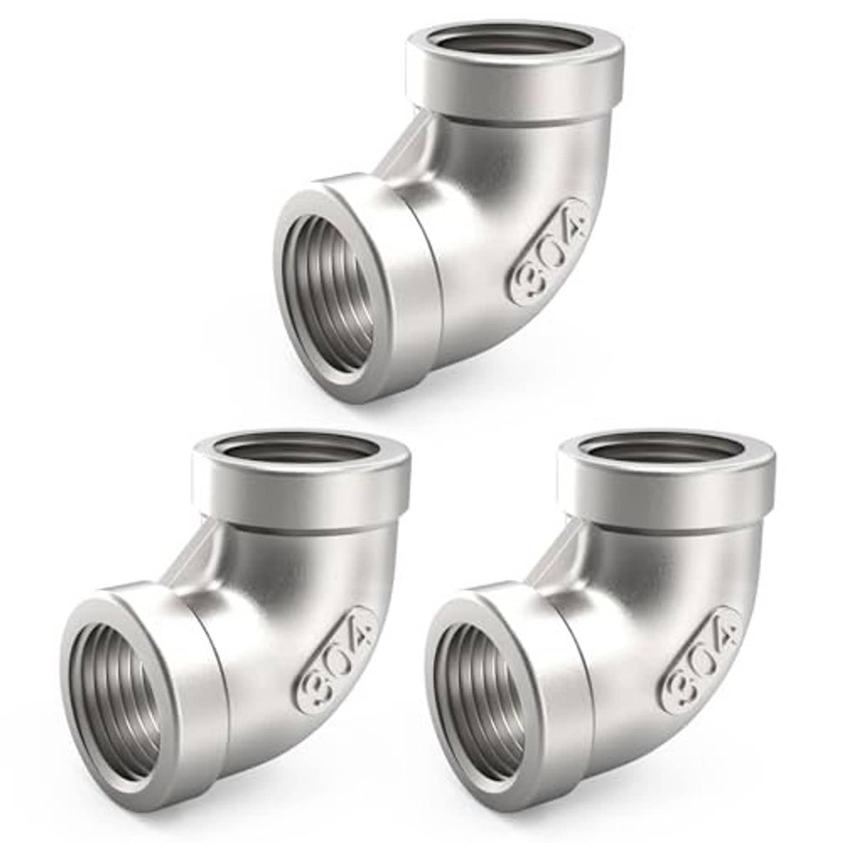 Three 304 stainless 90-degree elbow pipe fittings with female NPT threaded inlets