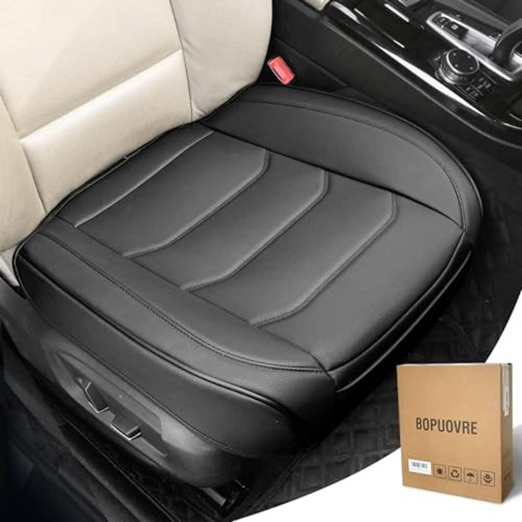 Black front car seat cover with three padded sections and curved side bolsters