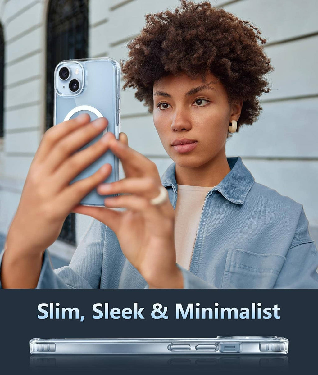 Slim clear iPhone 15 Plus case on phone, shown with a hand holding it