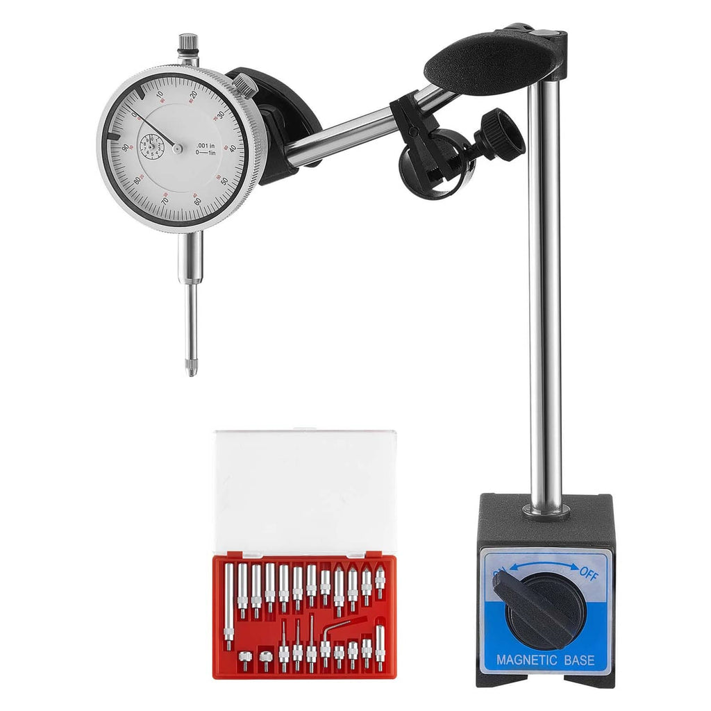 Dial test indicator with dual-rod stand and magnetic base, plus probe adjustment head