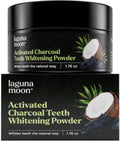 Charcoal teeth whitening powder jar and box set, black packaging with coconut and plant graphics