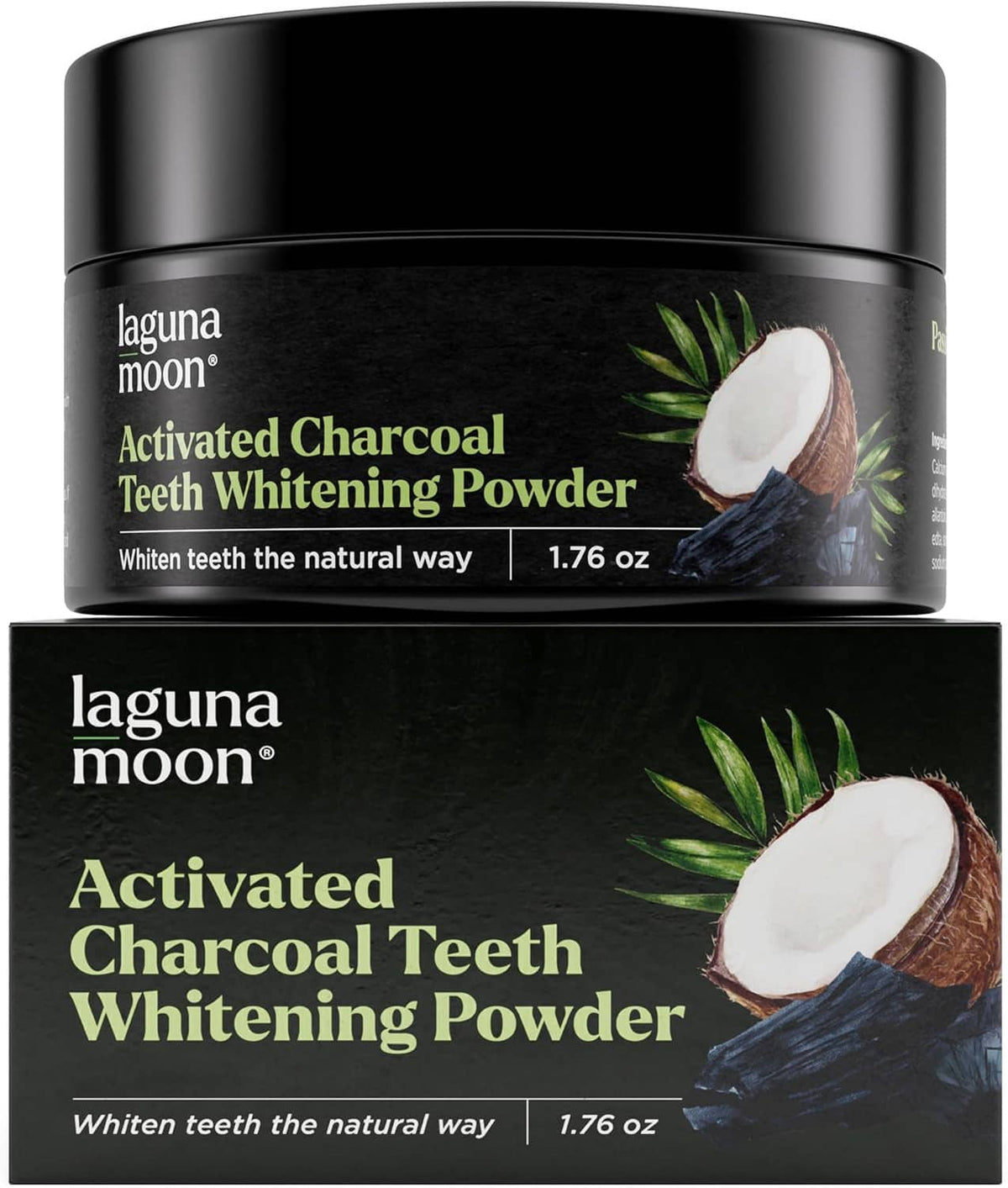 Charcoal teeth whitening powder jar and box set, black packaging with coconut and plant graphics