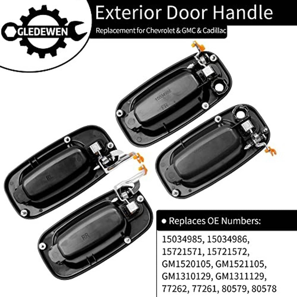 Exterior door handle lever set with dark housings and mounting hardware, replacement parts