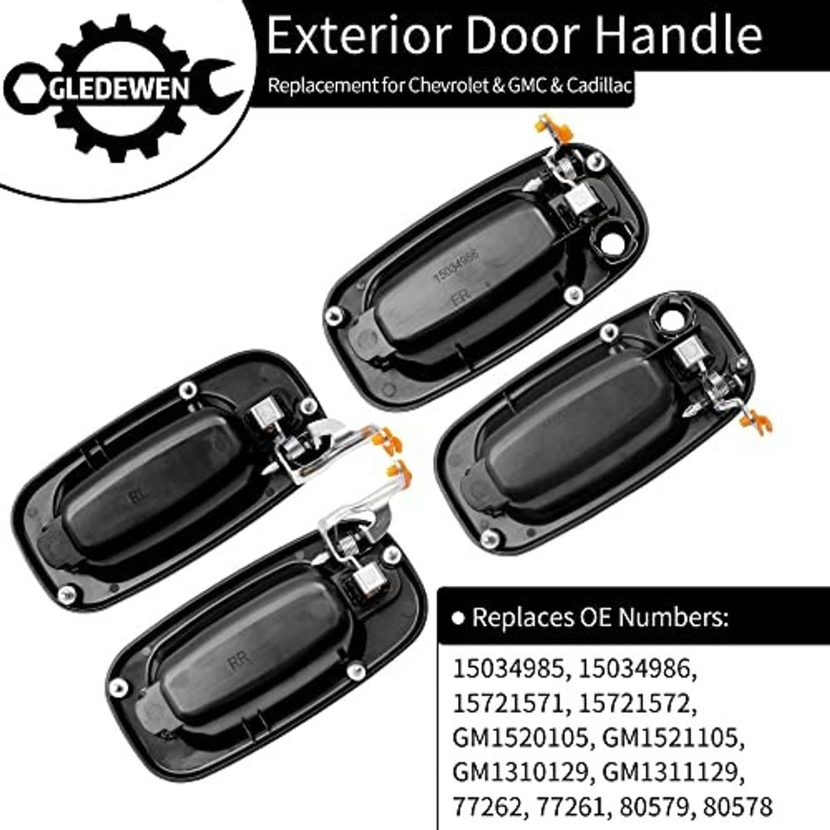 Exterior door handle lever set with dark housings and mounting hardware, replacement parts