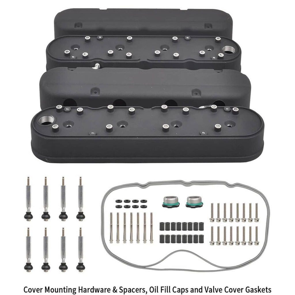Black valve cover kit with coil mounts, oil fill caps, spacers, and mounting hardware