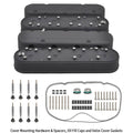 Black valve cover kit with coil mounts, oil fill caps, spacers, and mounting hardware