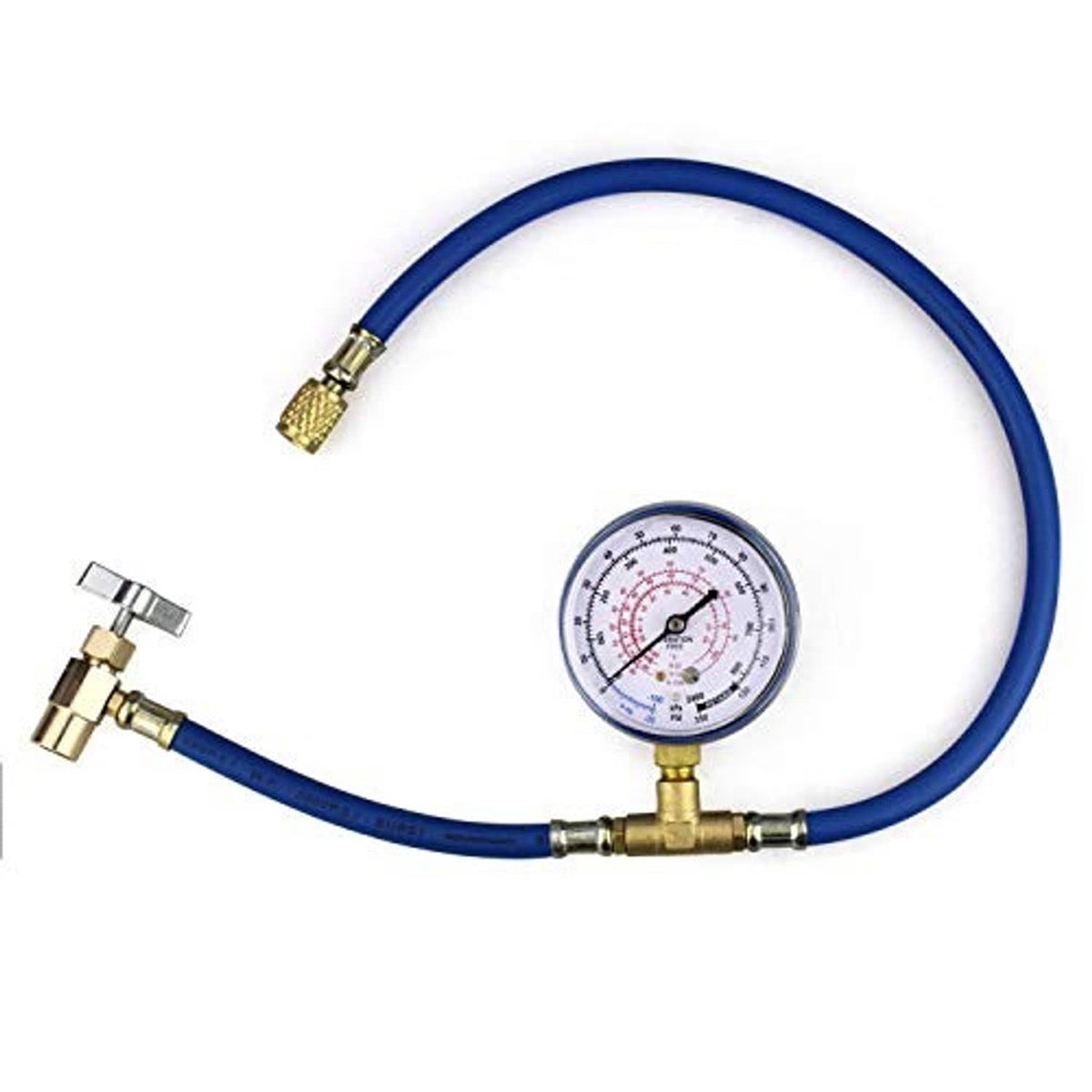 Refrigerant U-charge hose with pressure gauge, blue tubing, and dual brass valves
