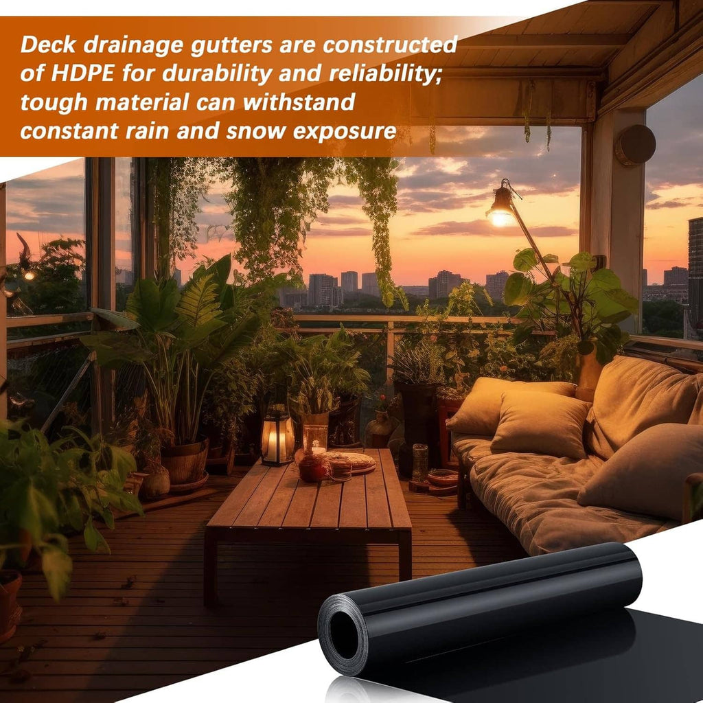 Two black HDPE under-deck drainage membrane rolls with extended sheet