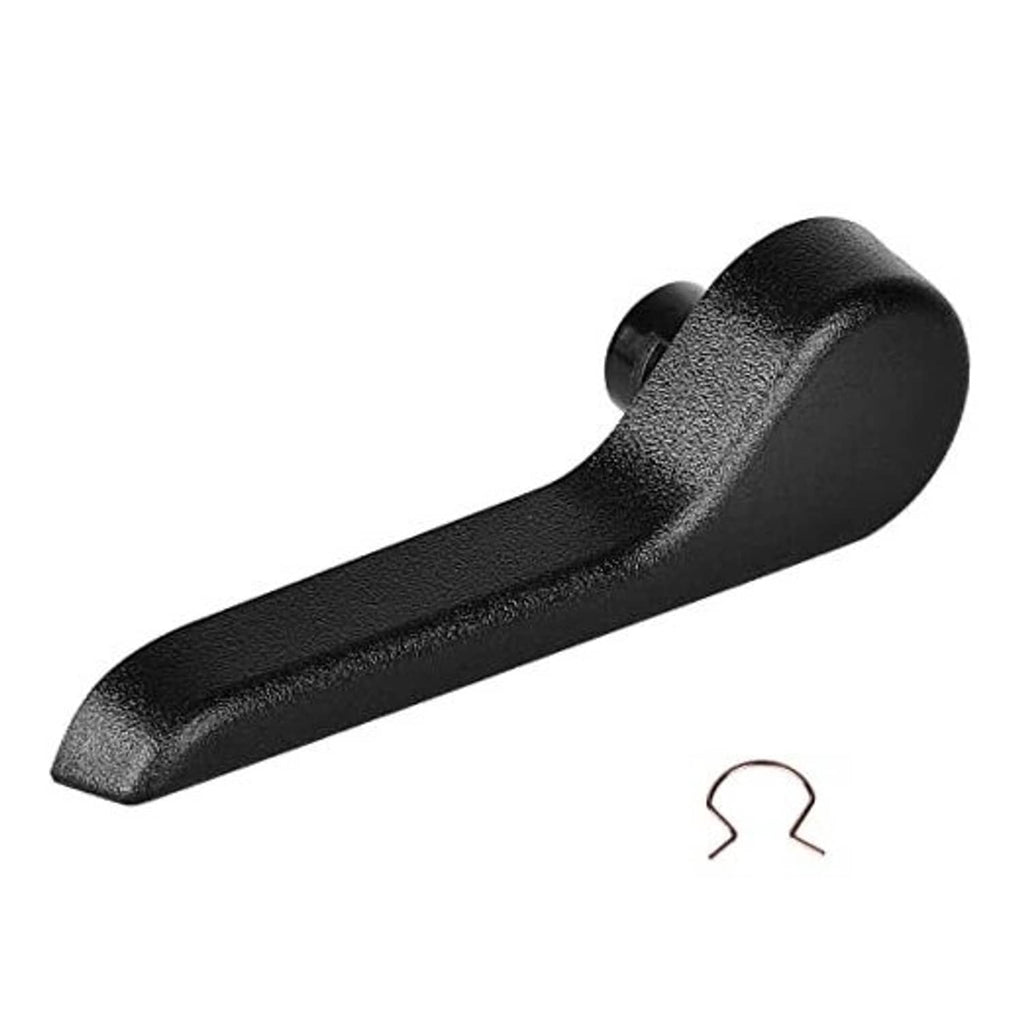 Black seat recliner adjustment handle lever with textured grip and rounded end.