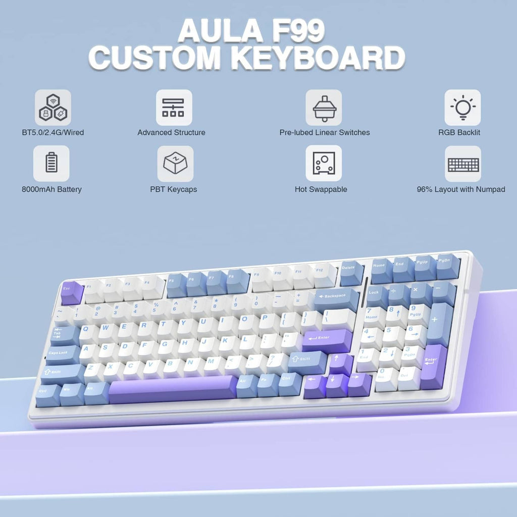 Mechanical keyboard with compact layout, white case and blue and purple keycaps.