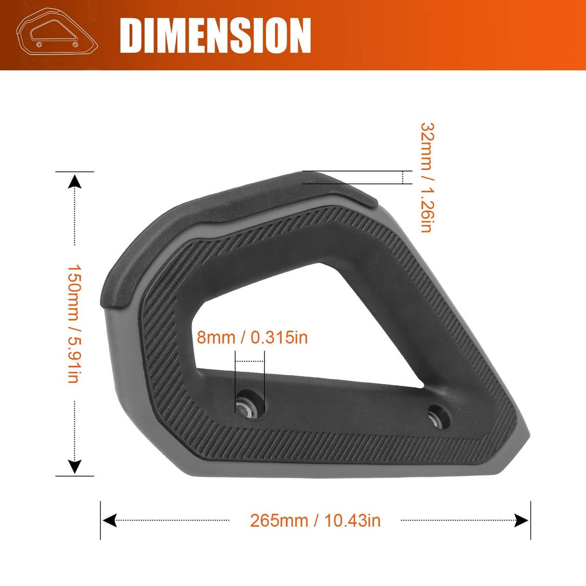 Black grab handle with textured grip, shown with labeled dimensions