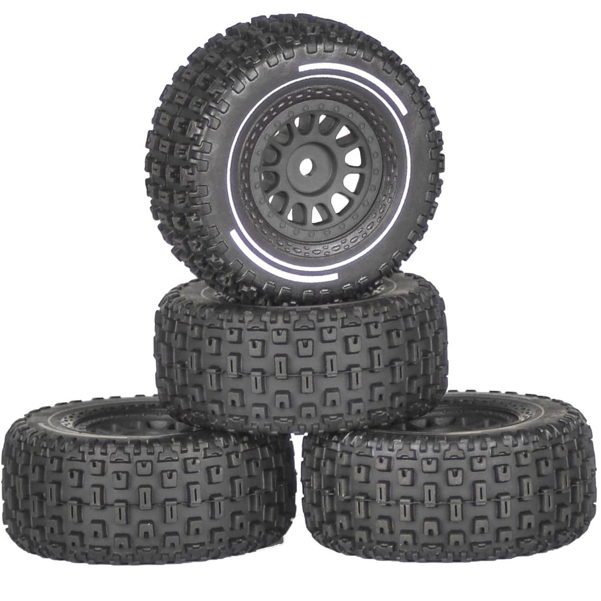Pre-glued RC truck tires with black wheels, three-piece stacked set, treaded rubber
