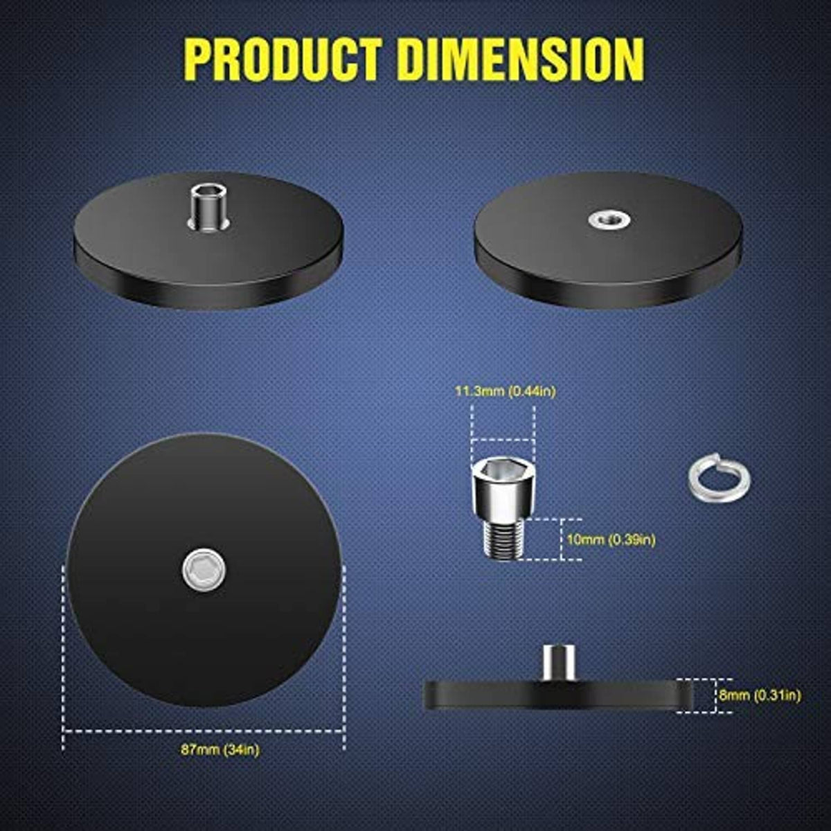 Round magnetic base with central stud, shown with mounting size measurements