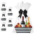 Black and white striped empty gift basket with black satin bow on white tulle wrap