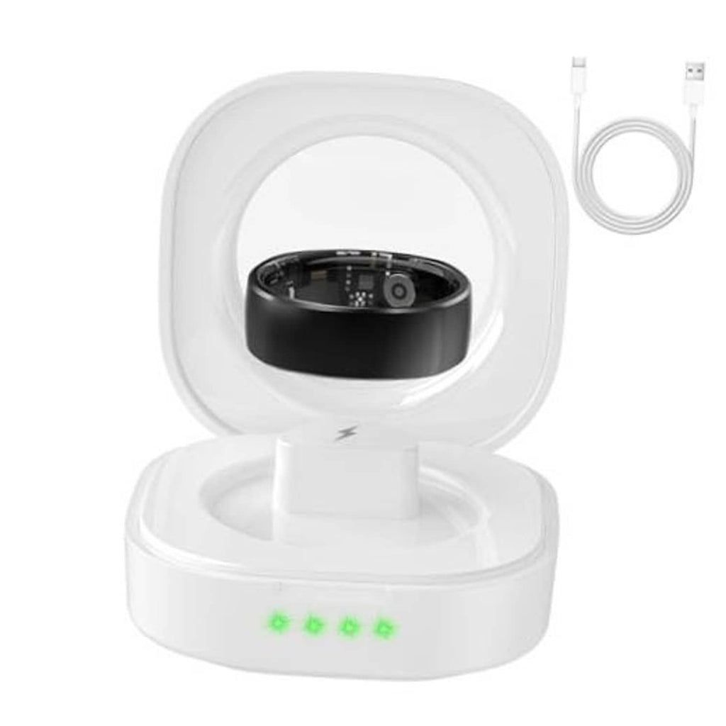 White smart ring charging case with open dock and black ring holder