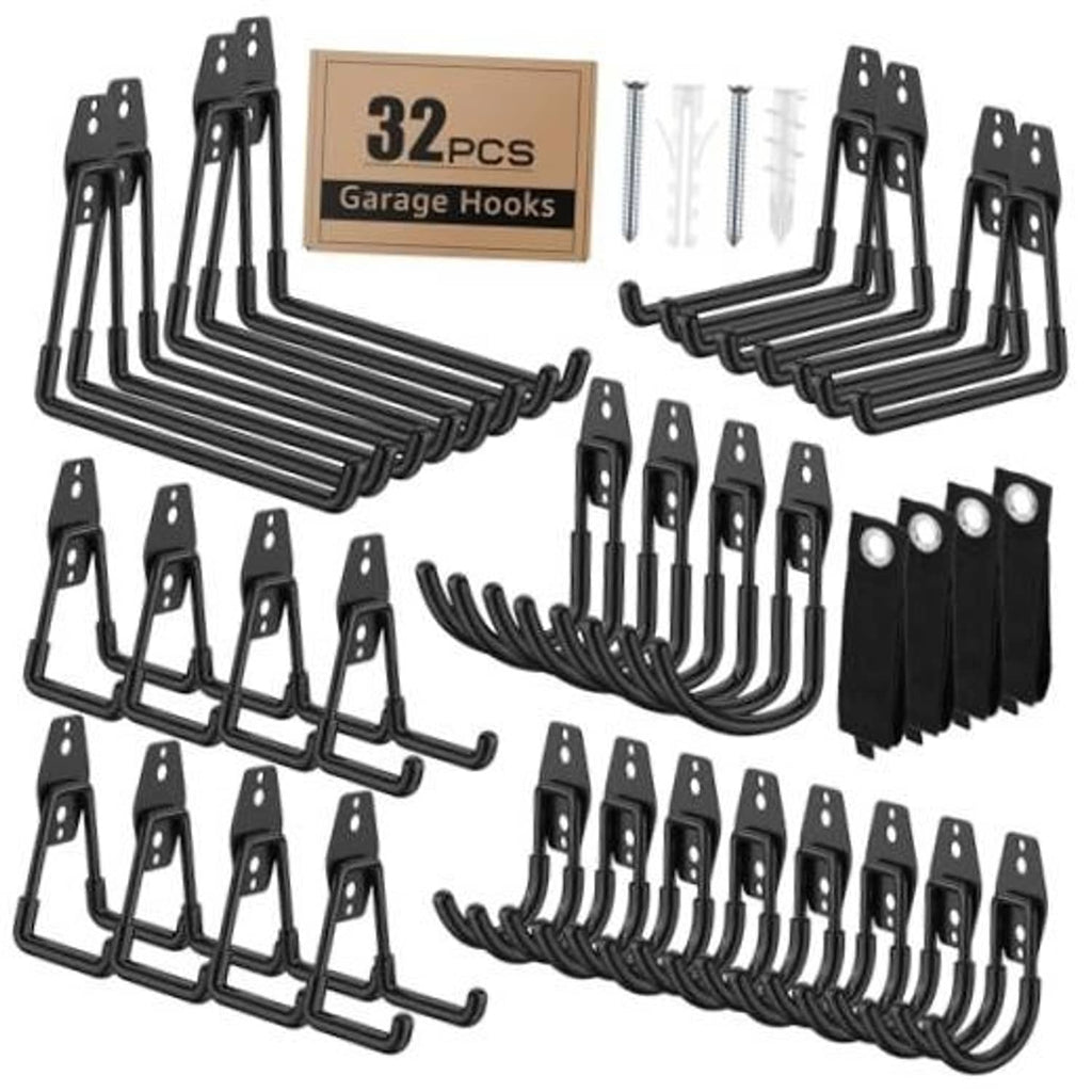 Black heavy-duty garage wall hooks set with U-shaped hangers and mounting plates
