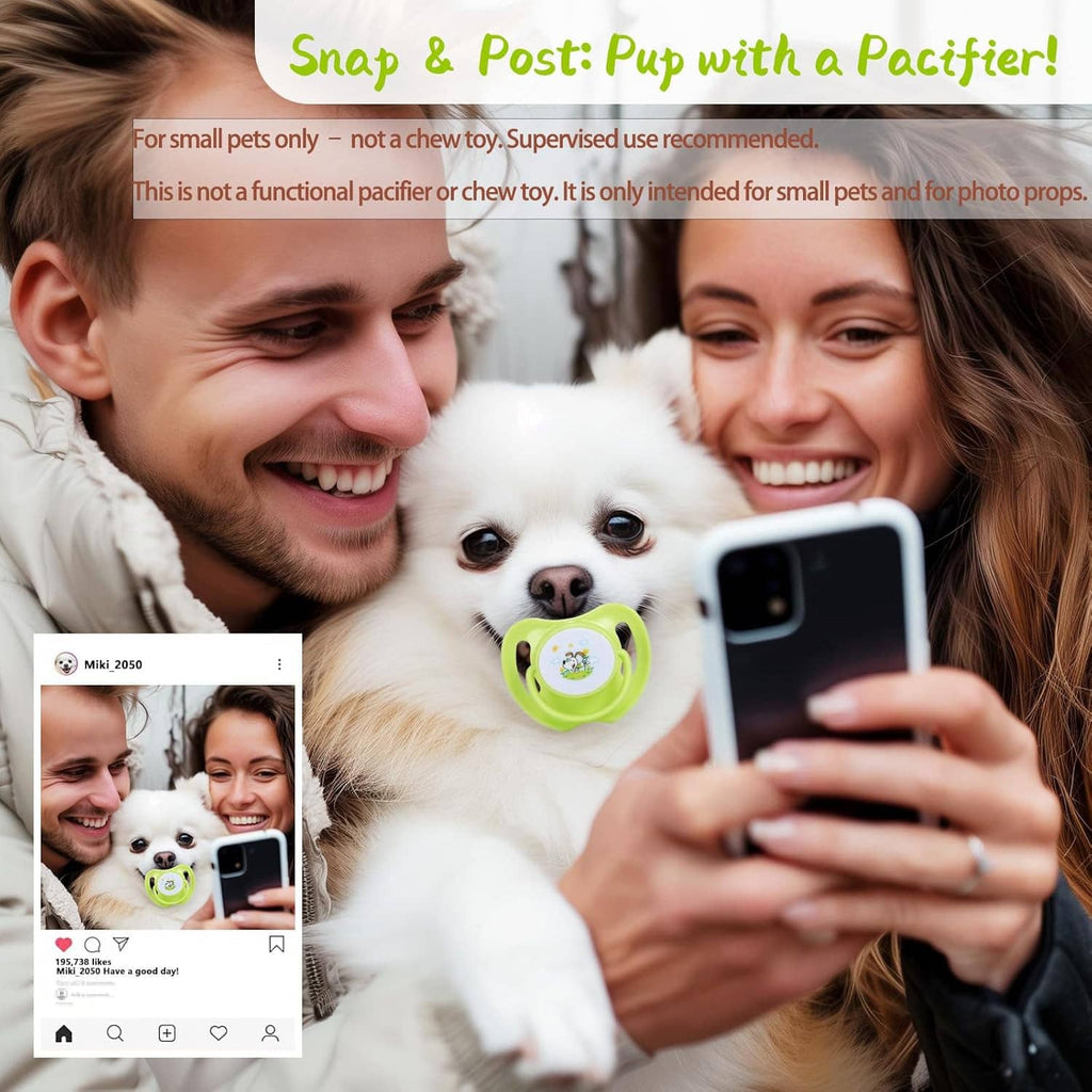 Small pet photo-prop pacifier on a white puppy held by a smiling couple.