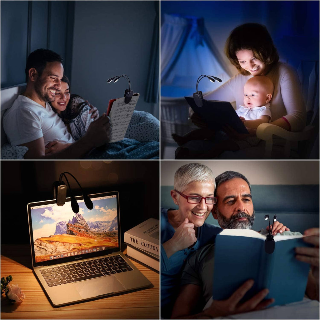 Clip-on music stand light shining for reading and music in a bedside setting