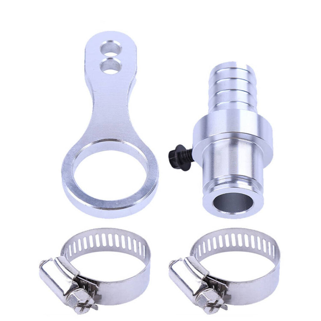 Coolant bypass adapter and bracket with two metal hose clamps and O-ring seals