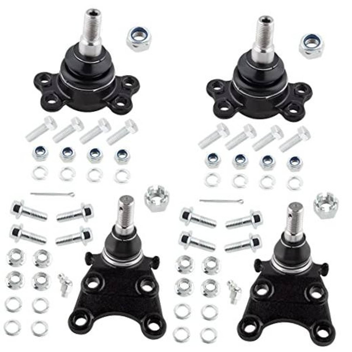 Front suspension ball joint kit, black rubber boots, metal studs, mounting plates, bolts and nuts