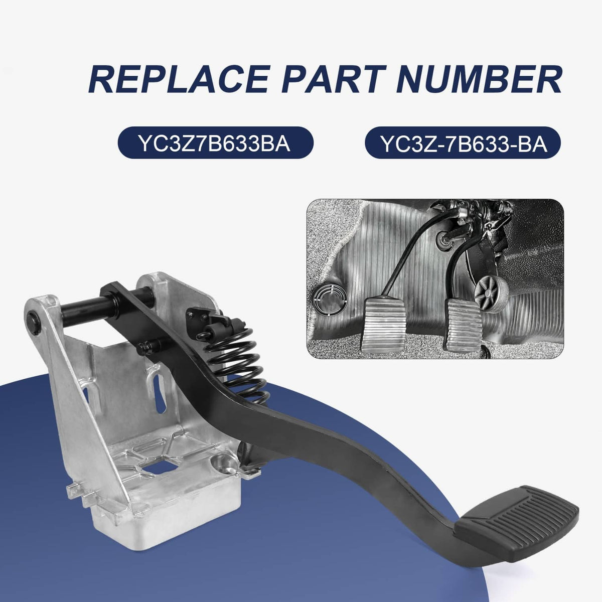 Clutch pedal assembly with metal bracket and coil return spring, black rubber pedal