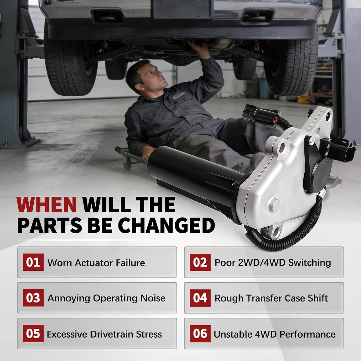 Transfer case shift motor actuator shown near vehicle drivetrain installation