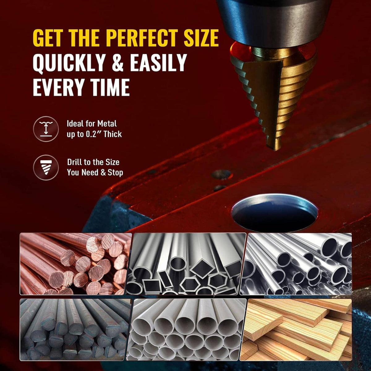 Gold step drill bit drilling metal, with guide showing multiple stepped hole sizes