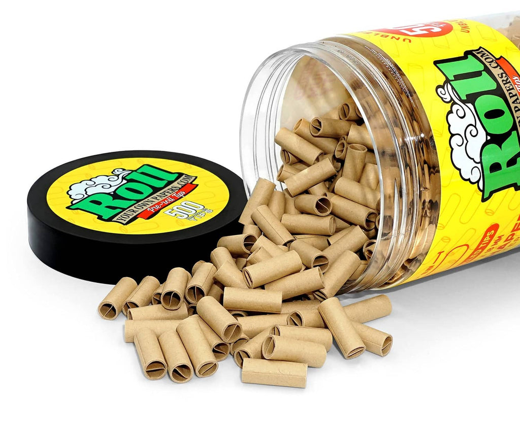 Unbleached brown pre-rolled paper tubes in clear container with black lid