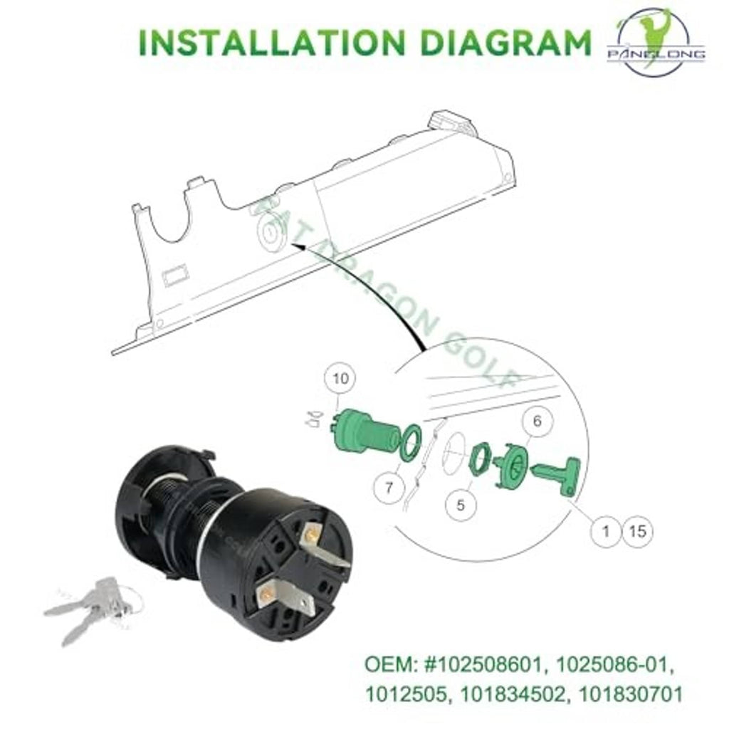 Ignition key switch installation diagram with key, terminals, and connector pieces