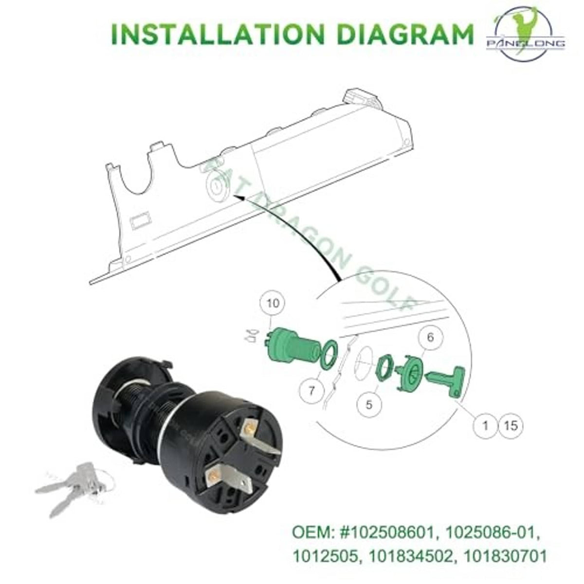 Ignition key switch installation diagram with key, terminals, and connector pieces