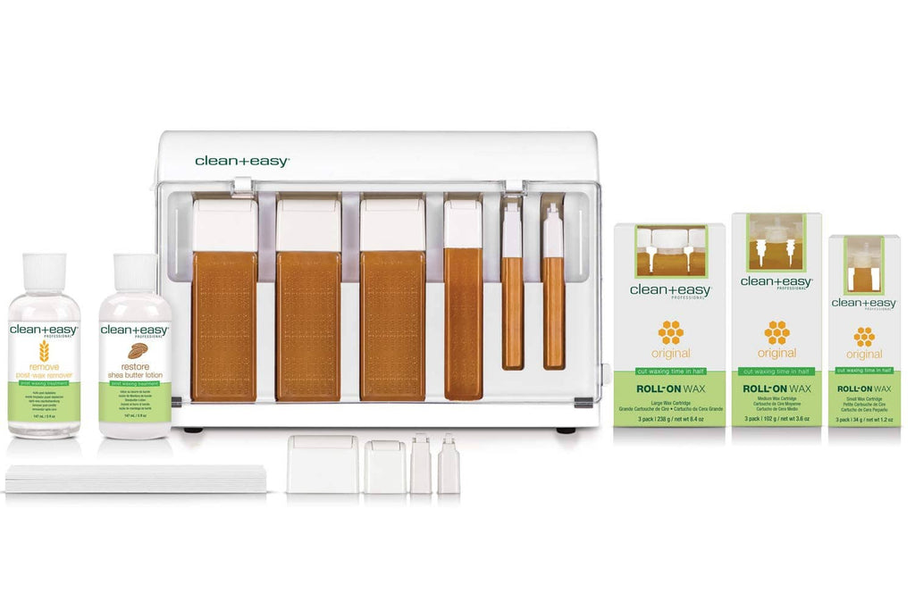 Roll-on wax removal kit with heated warmer, wax cartridges, and roller applicator tools