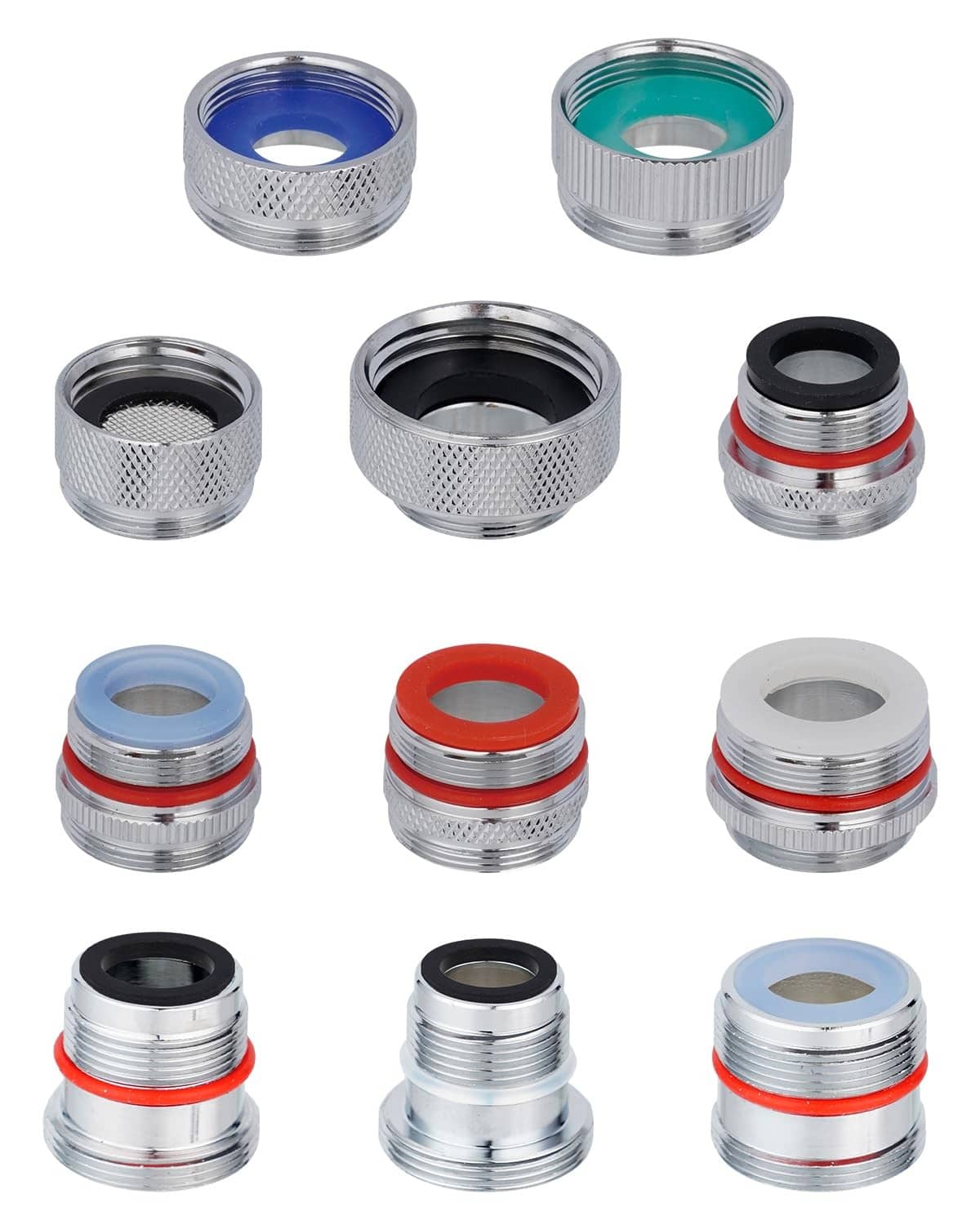 11-piece chrome faucet aerator adapter set with colored O-ring seals, assorted sizes