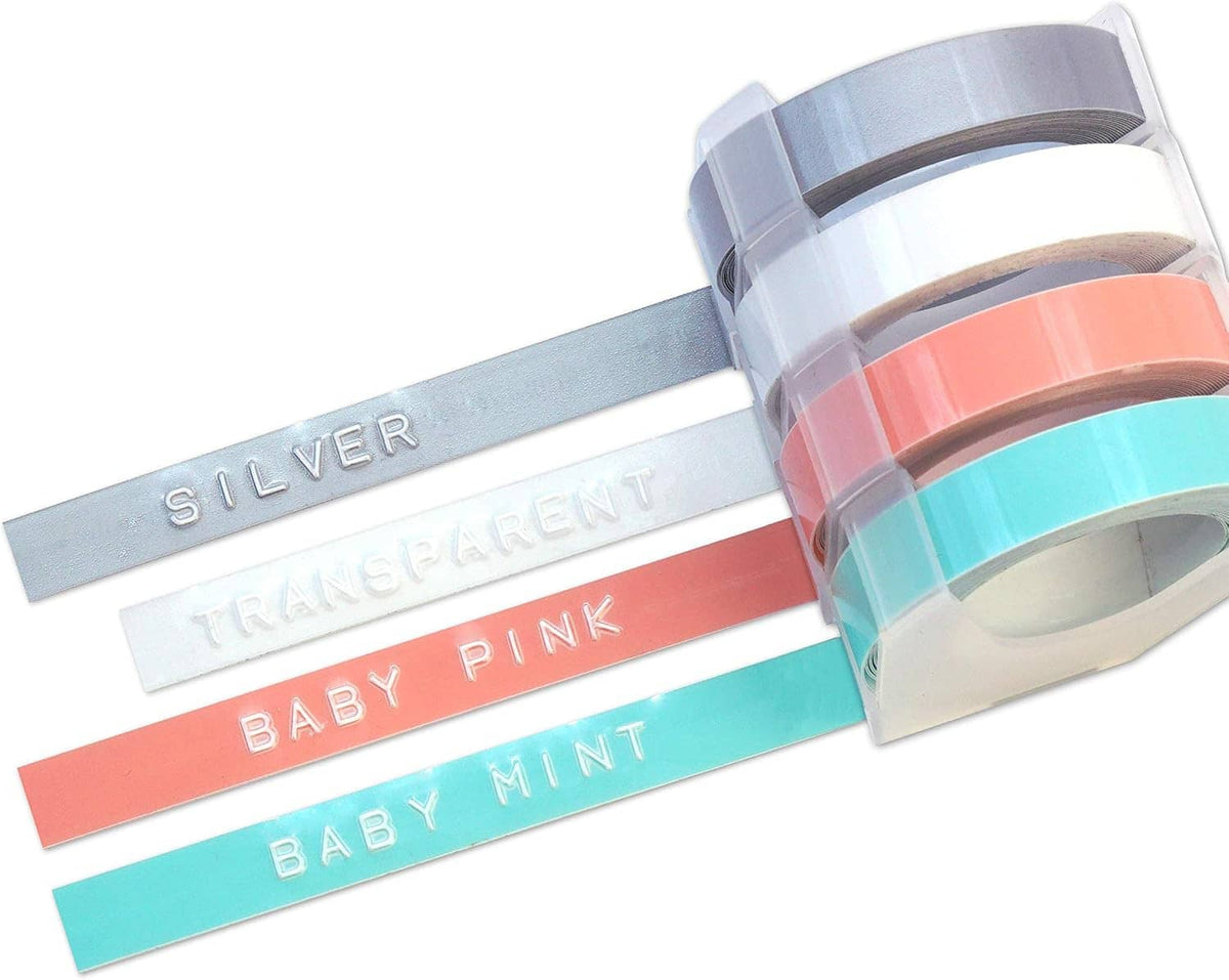 Embossing label maker refill tape strips in pastel silver, baby pink, baby mint, and beige