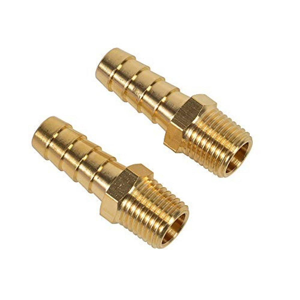 Brass hose barb adapter fittings, male NPT threaded ends, pair