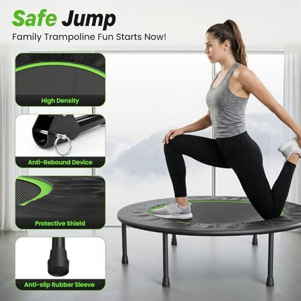 Mini trampoline with dark jump mat and green trim, safety features callouts