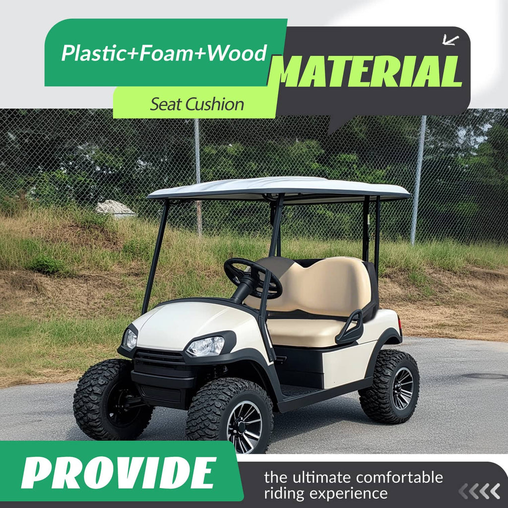 Beige golf cart seat bottom cushion on utility cart, contoured shape with black border