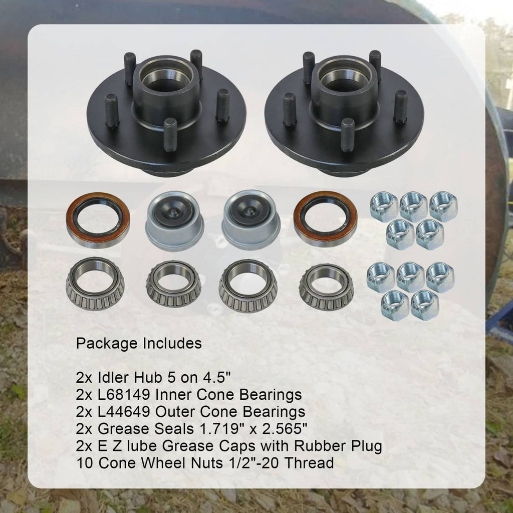 Trailer idler hub kit package with two hubs, bearings, seals, grease caps, and nuts