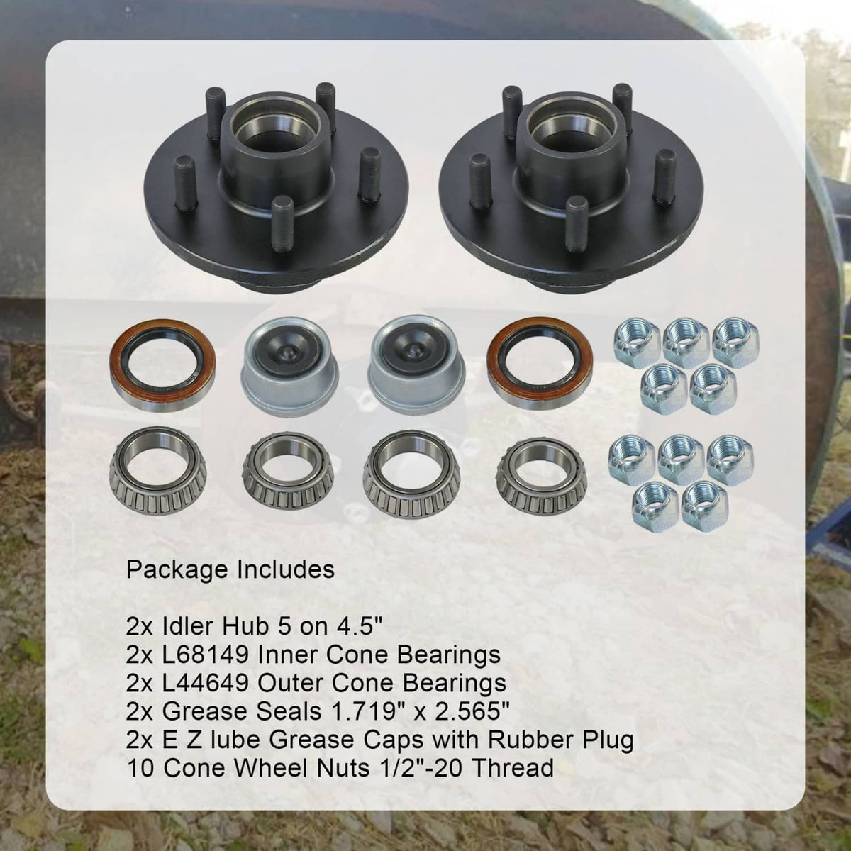 Trailer idler hub kit package with two hubs, bearings, seals, grease caps, and nuts