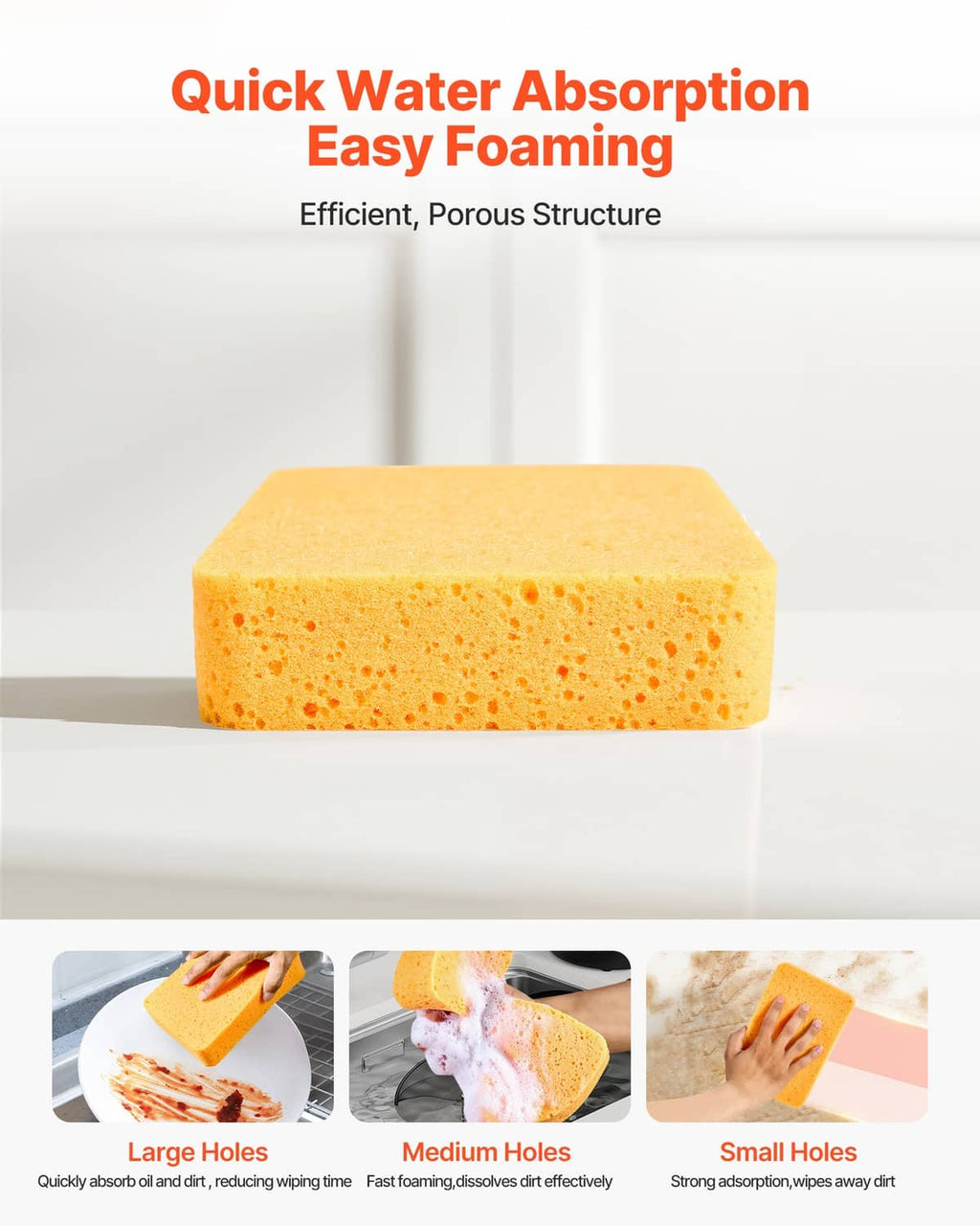 Orange-yellow foam sponge with porous texture for efficient cleaning