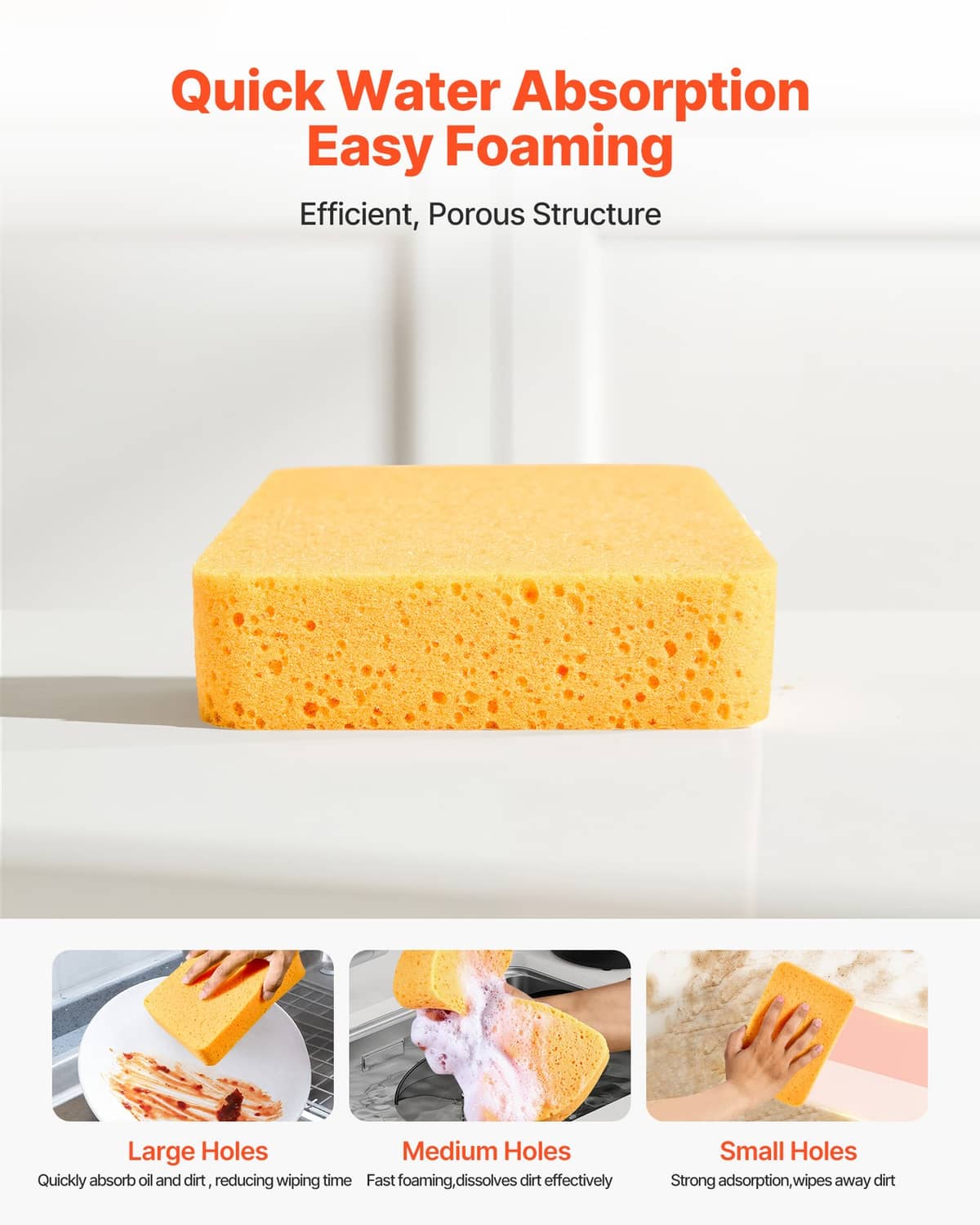 Orange-yellow foam sponge with porous texture for efficient cleaning