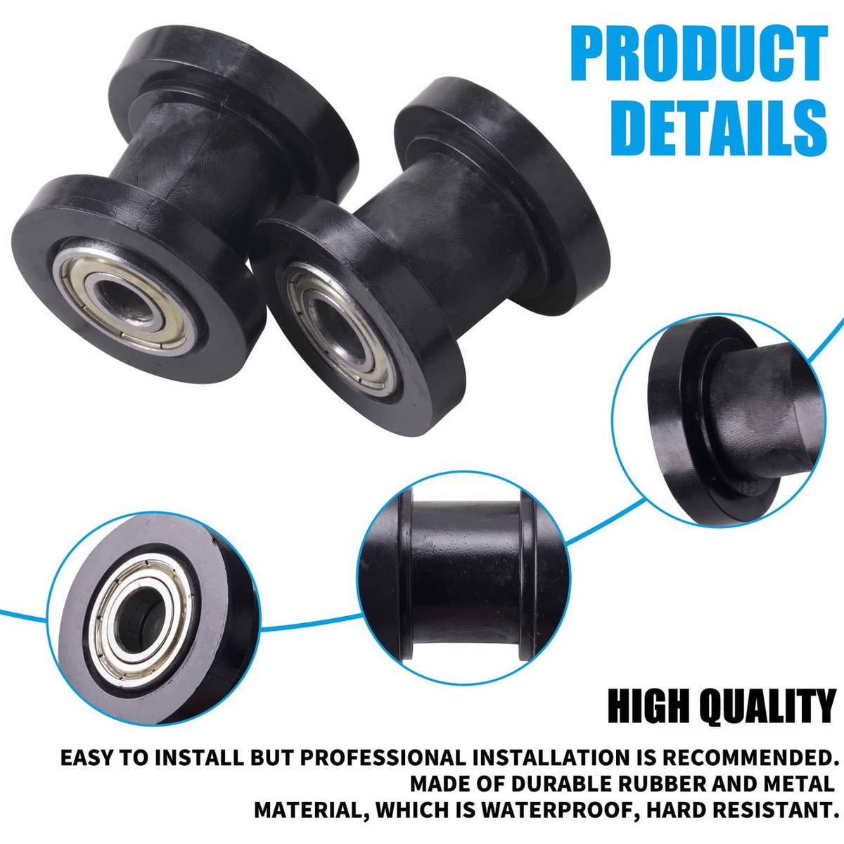 Close-up of black chain roller pulley tensioner wheels with bearing detail