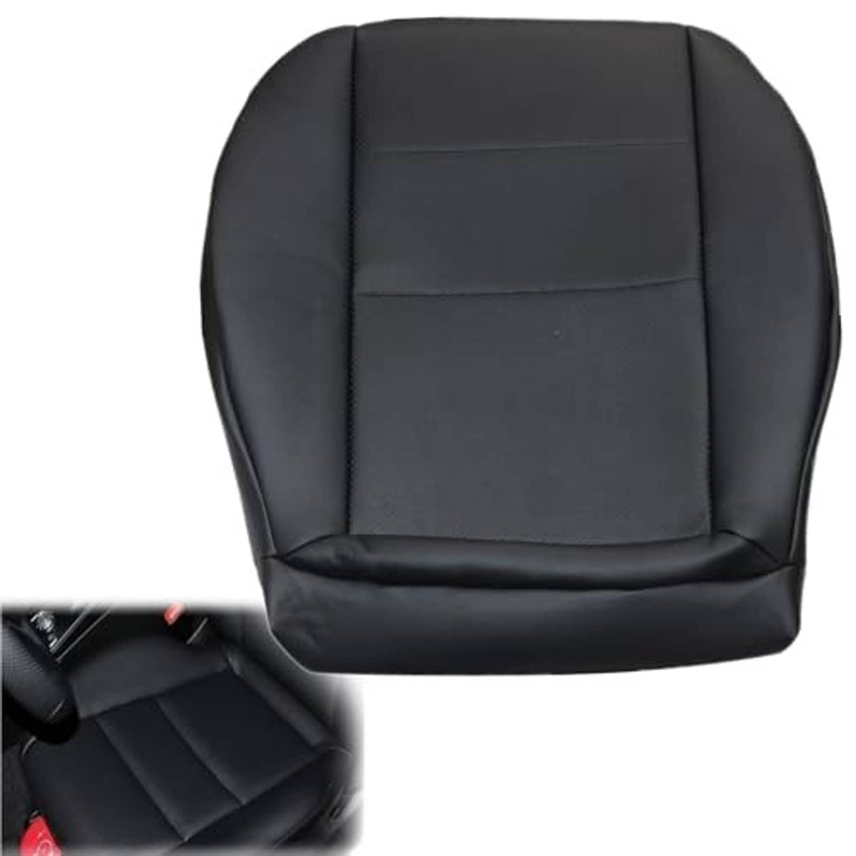 Black leather seat bottom cover with smooth center panel and padded side bolsters