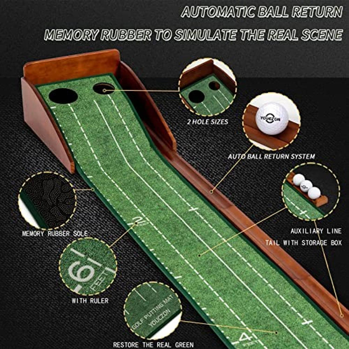 Two-hole indoor golf putting mat with green turf, white ball and auto ball return system