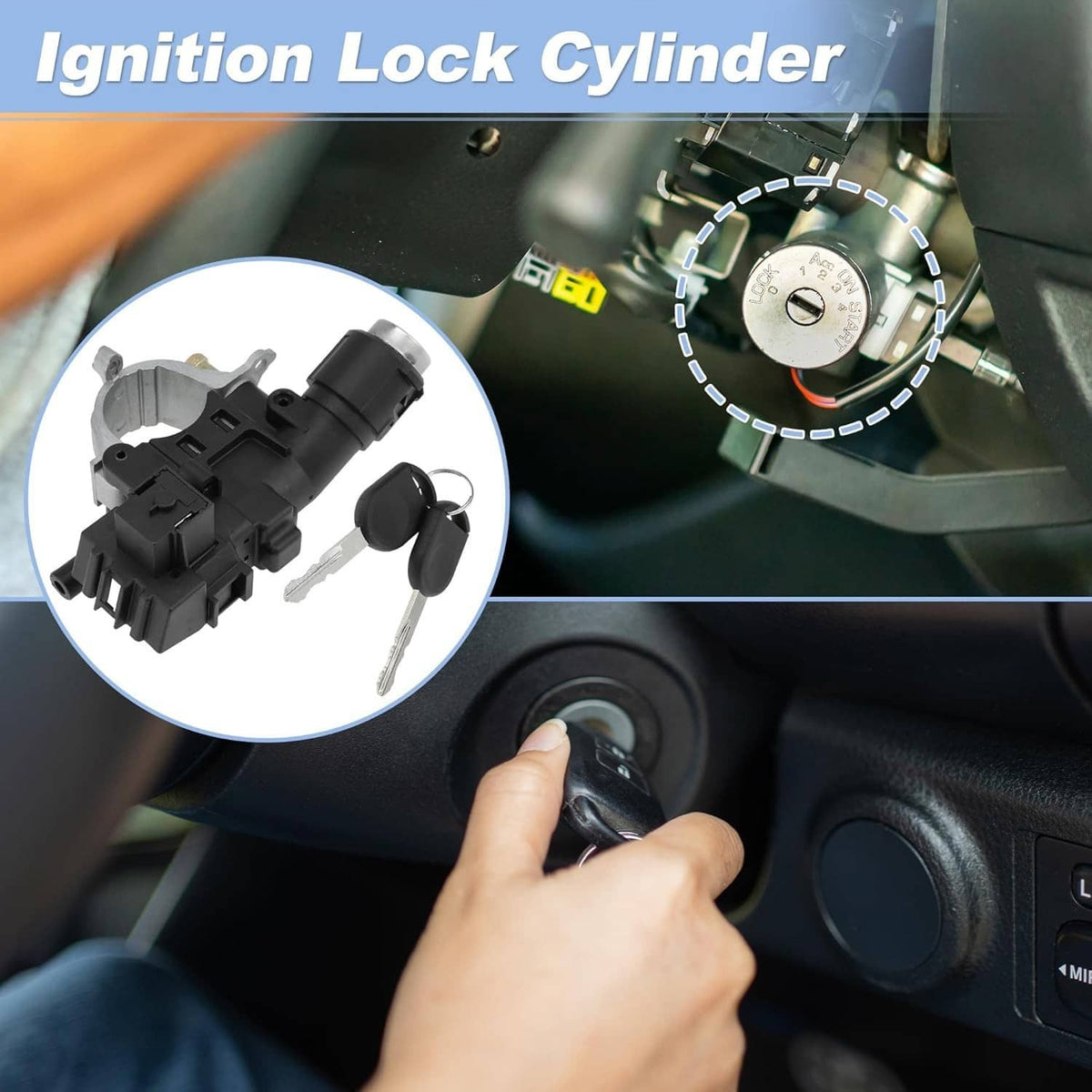 Ignition lock cylinder with 2 keys, close-up of hand inserting key into switch