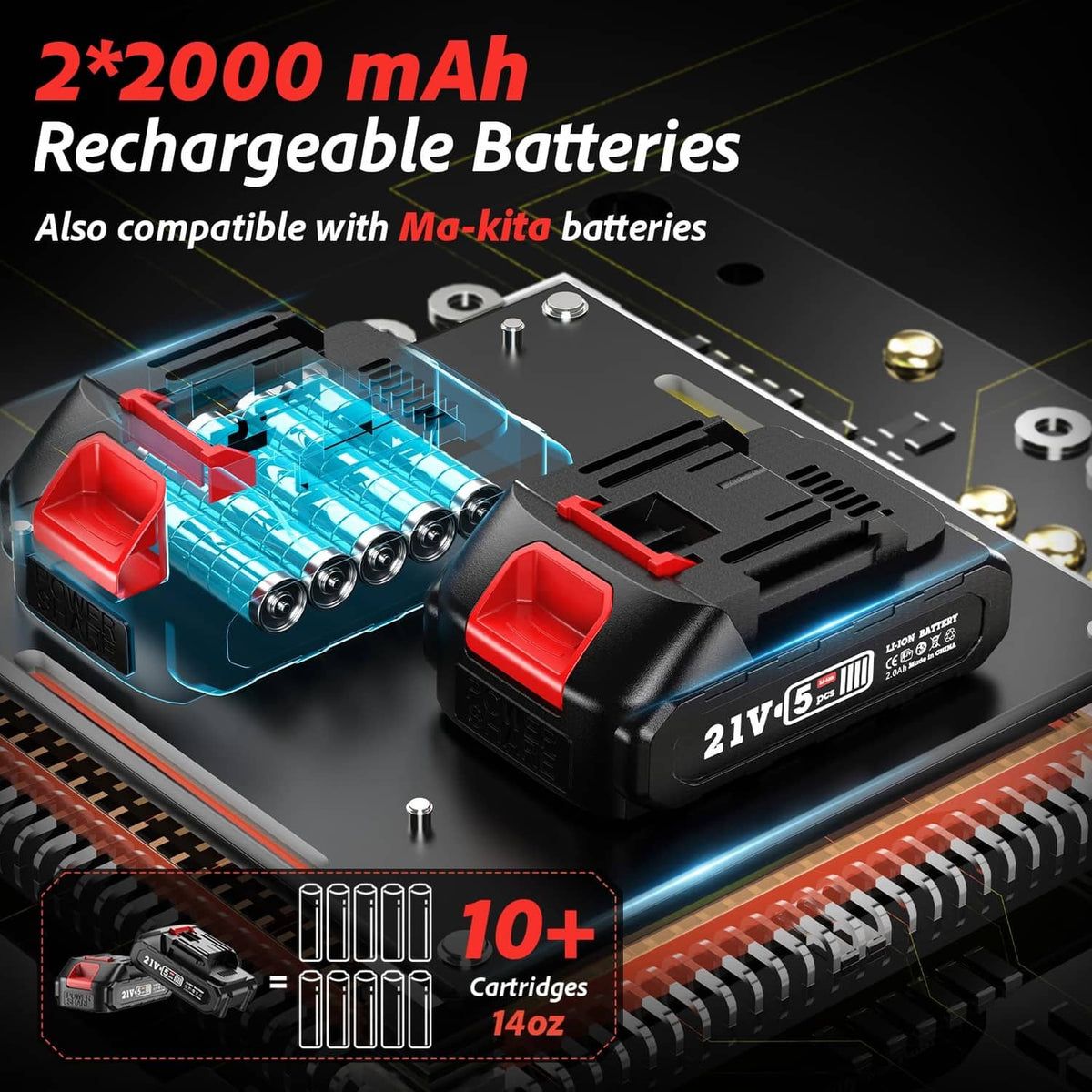 Red-and-black 21V rechargeable battery pack with cartridge accessories