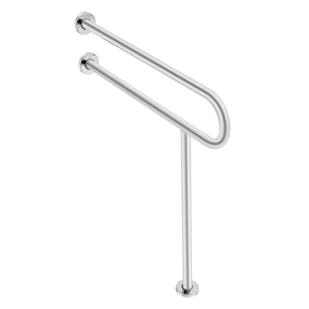 Stainless steel toilet grab bar with two parallel U-shaped rails and vertical leg